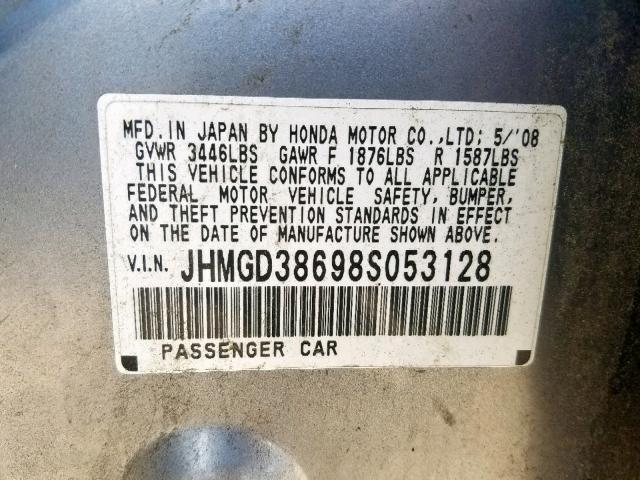 JHMGD38698S053128 - 2008 HONDA FIT SPORT SILVER photo 10