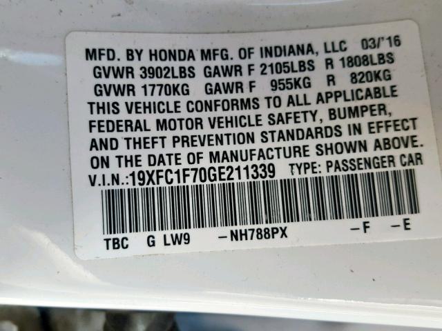 19XFC1F70GE211339 - 2016 HONDA CIVIC EXL 白色 照片 10