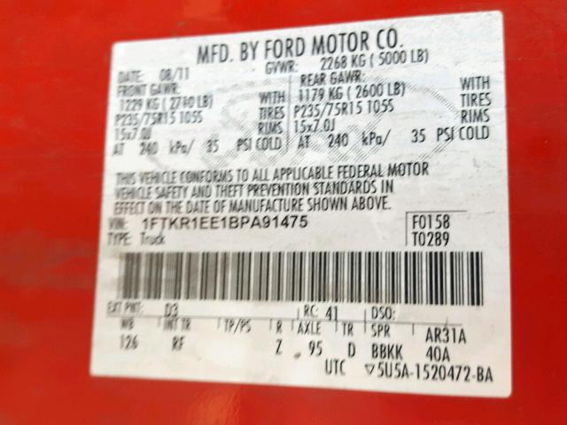 1FTKR1EE1BPA91475 - 2011 FORD RANGER SUP RED photo 10