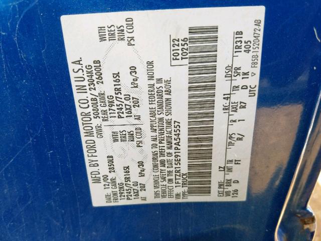 1FTZR15E91PA54557 - 2001 FORD RANGER SUP BLUE photo 10