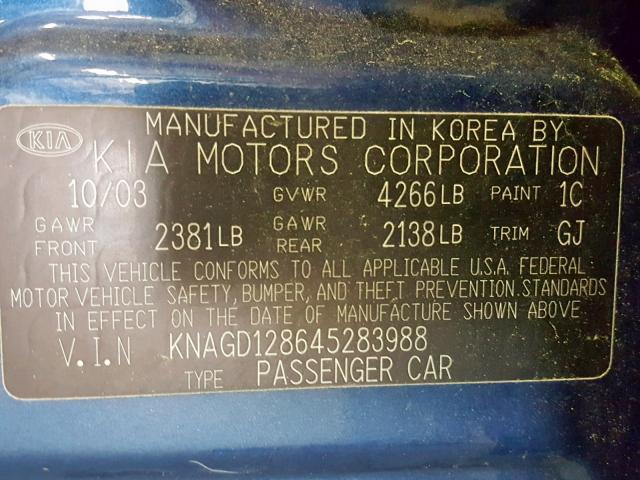 KNAGD128645283988 - 2004 KIA OPTIMA BLUE photo 10