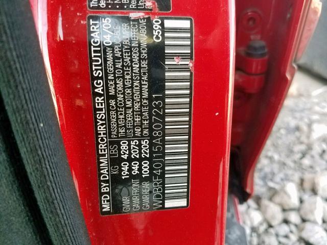 WDBRF40J15A807231 - 2005 MERCEDES-BENZ C 230K SPO RED photo 10