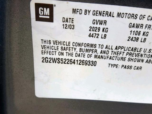 2G2WS522641269330 - 2004 PONTIAC GRAND PRIX BLUE photo 10