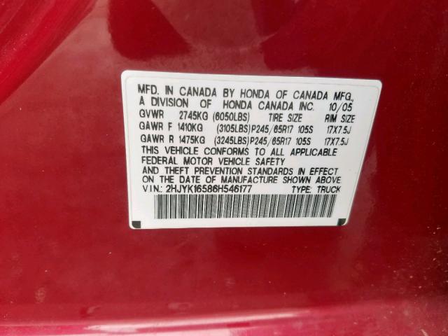 2HJYK16586H546177 - 2006 HONDA RIDGELINE RED photo 10