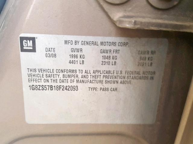 1G8ZS57B18F242093 - 2008 SATURN AURA XE GOLD photo 10