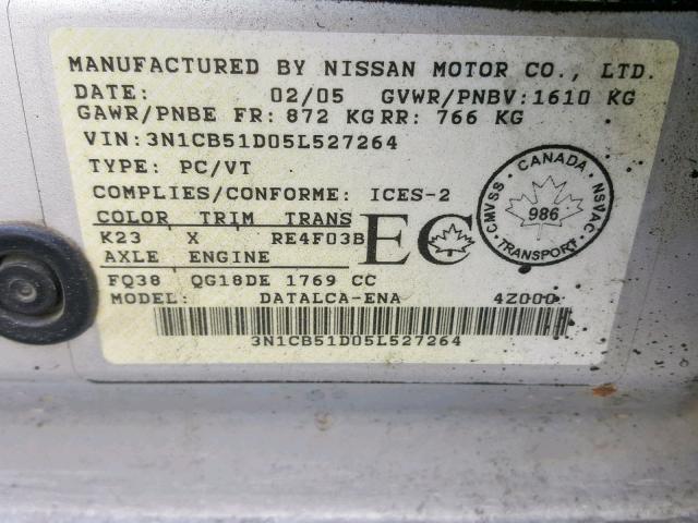 3N1CB51D05L527264 - 2005 NISSAN SENTRA 1.8 SILVER photo 10