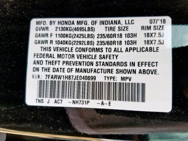 7FARW1H87JE040699 - 2018 HONDA CR-V EXL BLACK photo 10