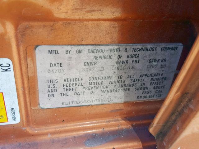 KL1TD666X7B788131 - 2007 CHEVROLET AVEO BASE Қызғылт сары фото 10