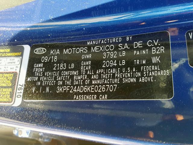 3KPF24AD6KE026707 - 2019 KIA FORTE FE BLUE photo 10