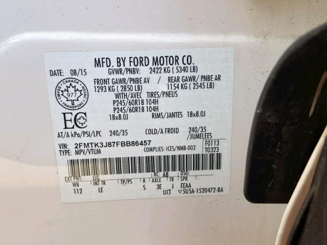 2FMTK3J87FBB86457 - 2015 FORD EDGE SEL WHITE photo 10