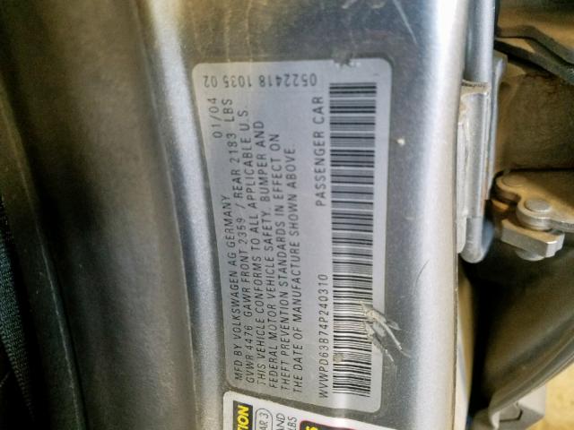 WVWPD63B74P240310 - 2004 VOLKSWAGEN PASSAT GLS GRAY photo 10