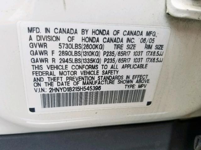 2HNYD18215H545396 - 2005 ACURA MDX WHITE photo 10