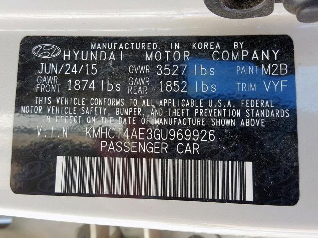 KMHCT4AE3GU969926 - 2016 HYUNDAI ACCENT SE WHITE photo 10