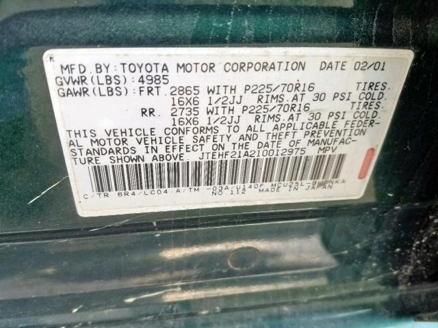 JTEHF21A210012975 - 2001 TOYOTA HIGHLANDER GREEN photo 10