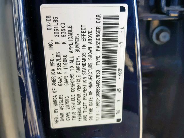 1HGCP36868A087630 - 2008 HONDA ACCORD EXL BLUE photo 10