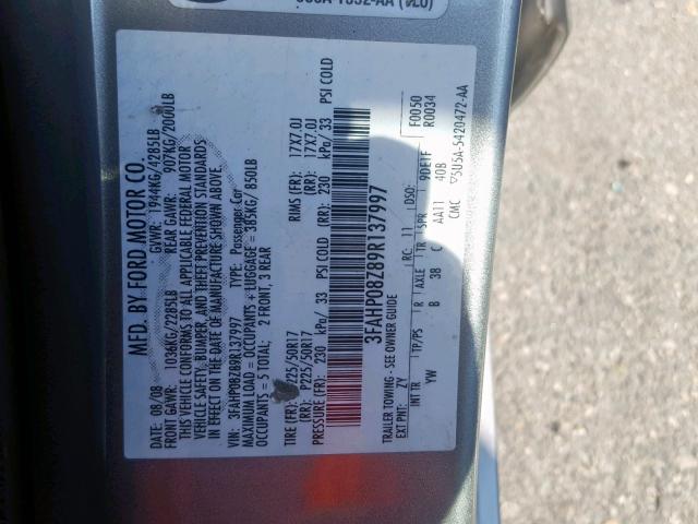 3FAHP08Z89R137997 - 2009 FORD FUSION SEL GRAY photo 10