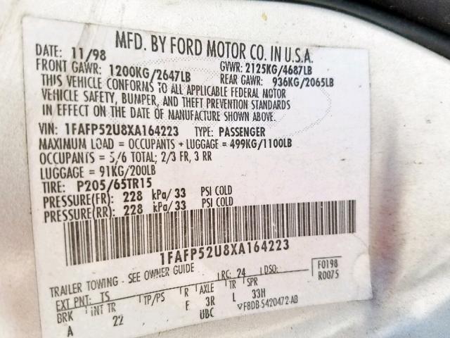 1FAFP52U8XA164223 - 1999 FORD TAURUS LX SILVER photo 10