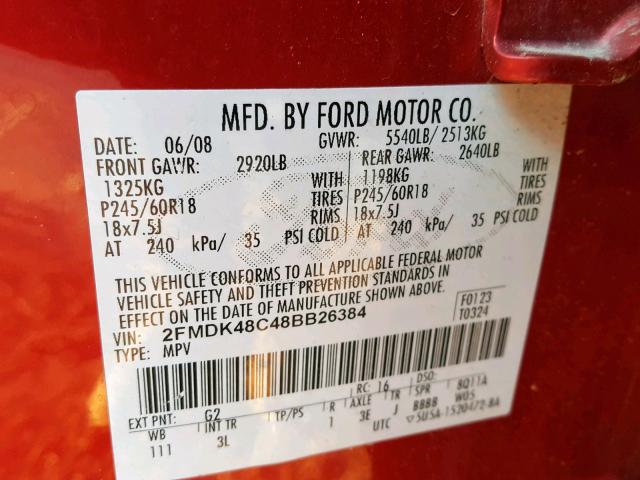 2FMDK48C48BB26384 - 2008 FORD EDGE SEL MAROON photo 10