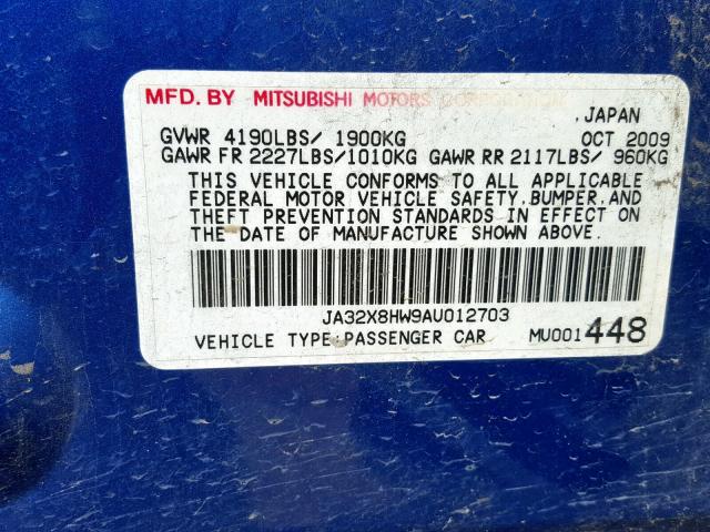 JA32X8HW9AU012703 - 2010 MITSUBISHI LANCER GTS BLUE photo 10