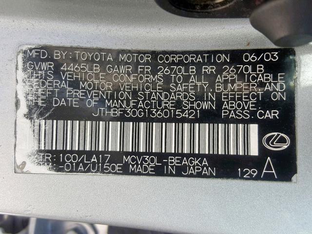 JTHBF30G136015421 - 2003 LEXUS ES 300 SILVER photo 10