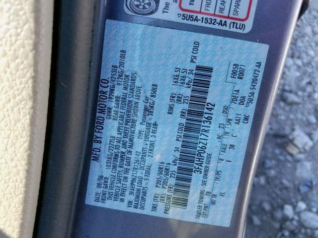 3FAHP06Z17R136142 - 2007 FORD FUSION S SILVER photo 10