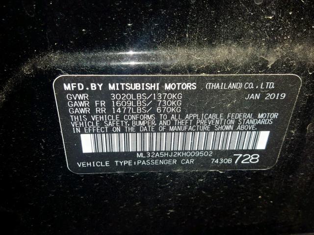 ML32A5HJ2KH009502 - 2019 MITSUBISHI MIRAGE GT BLACK photo 10