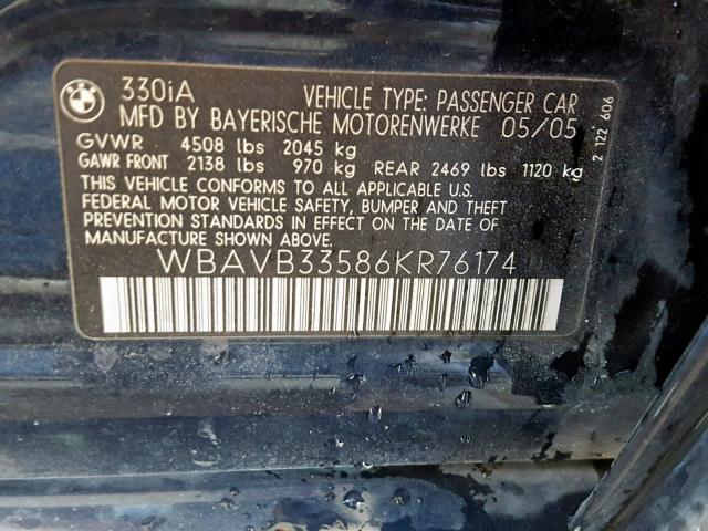 WBAVB33586KR76174 - 2006 BMW 330 I BLUE photo 10