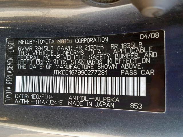 JTKDE167990277281 - 2009 TOYOTA SCION TC ნაცრისფერი ფოტო 10