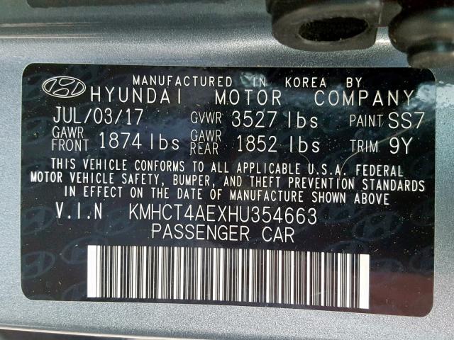 KMHCT4AEXHU354663 - 2017 HYUNDAI ACCENT SE BLUE photo 10