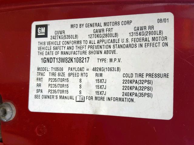 1GNDT13W82K108217 - 2002 CHEVROLET BLAZER MAROON photo 10