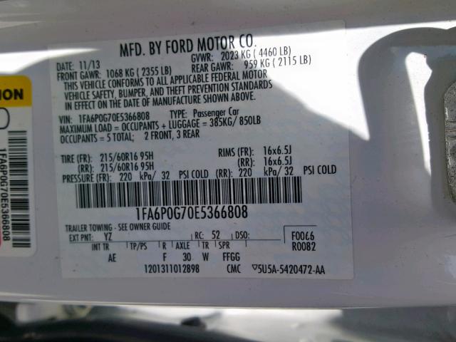 1FA6P0G70E5366808 - 2014 FORD FUSION S WHITE photo 10