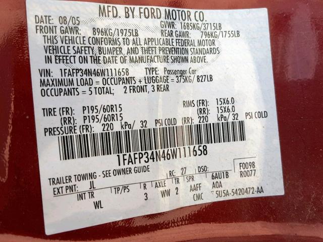 1FAFP34N46W111658 - 2006 FORD FOCUS ZX4 MAROON photo 10