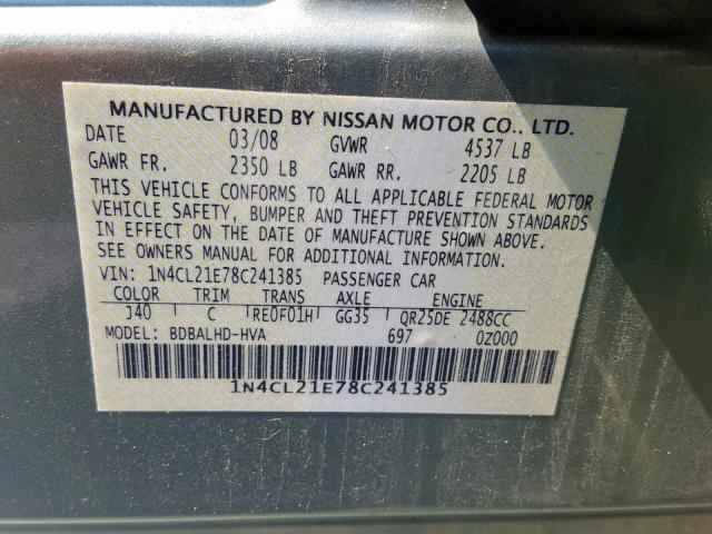 1N4CL21E78C241385 - 2008 NISSAN ALTIMA HYB GREEN photo 10