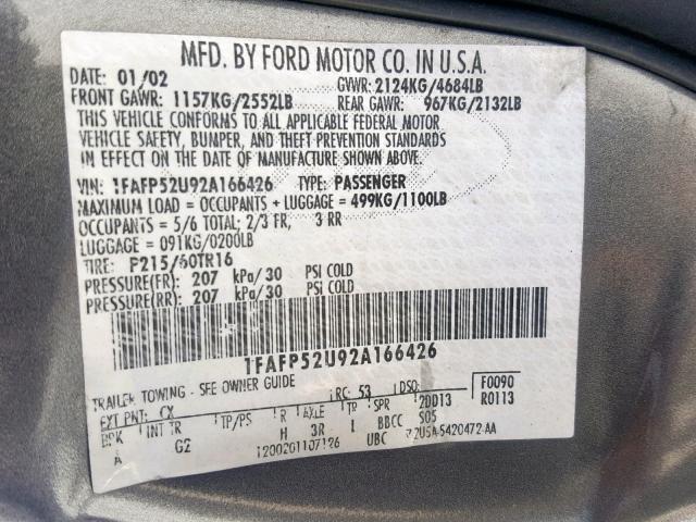 1FAFP52U92A166426 - 2002 FORD TAURUS LX GRAY photo 10