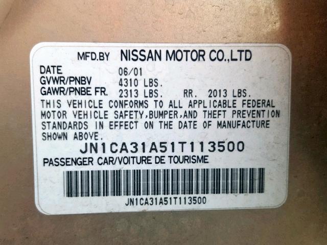 JN1CA31A51T113500 - 2001 NISSAN MAXIMA GXE TAN photo 10