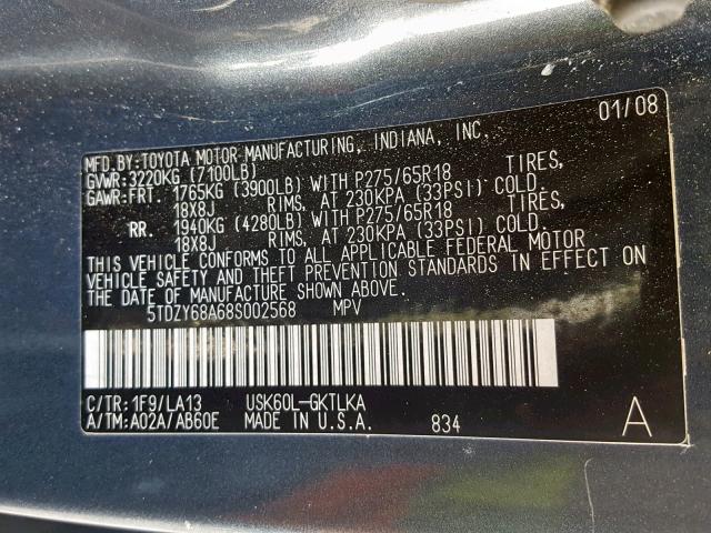 5TDZY68A68S002568 - 2008 TOYOTA SEQUOIA LI BLUE photo 10