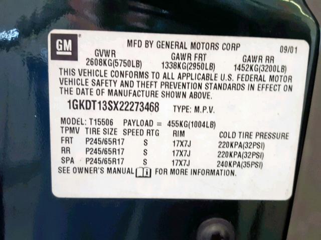 1GKDT13SX22273468 - 2002 GMC ENVOY GREEN photo 10