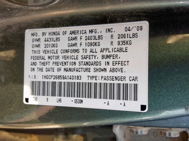 1HGCP26859A140183 - 2009 HONDA ACCORD EXL GREEN photo 10