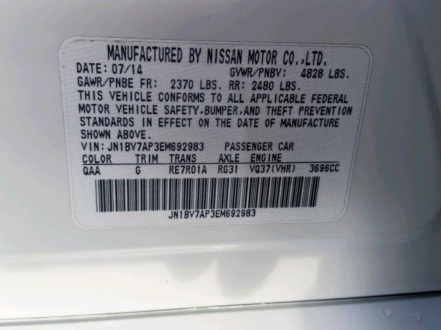 JN1BV7AP3EM692983 - 2014 INFINITI Q50 BASE WHITE photo 10