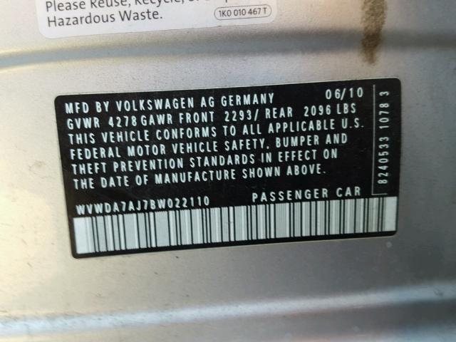 WVWDA7AJ7BW022110 - 2011 VOLKSWAGEN GOLF 银色 照片 10