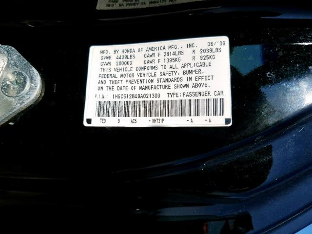 1HGCS12849A021300 - 2009 HONDA ACCORD EXL BLACK photo 10