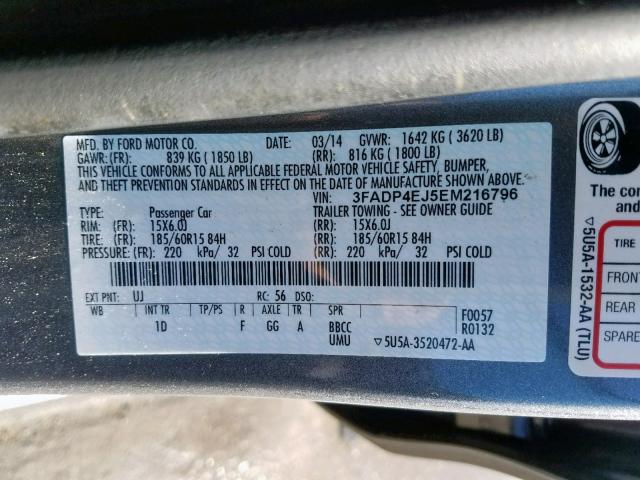 3FADP4EJ5EM216796 - 2014 FORD FIESTA SE BLUE photo 10