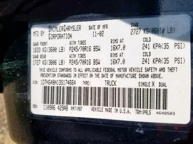 1D7HG48N13S174664 - 2003 DODGE DAKOTA QUA BLUE photo 10