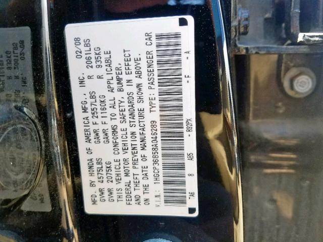 1HGCP36858A046289 - 2008 HONDA ACCORD EXL BLACK photo 10