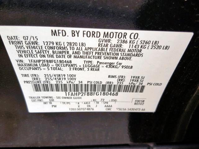 1FAHP2F88FG180468 - 2015 FORD TAURUS LIM BLACK photo 10