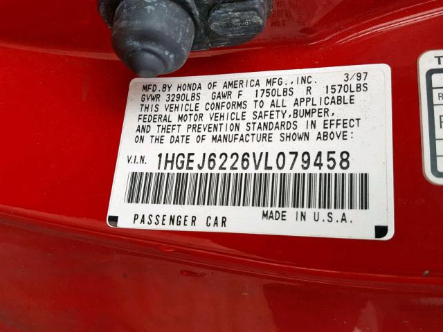 1HGEJ6226VL079458 - 1997 HONDA CIVIC DX RED photo 10