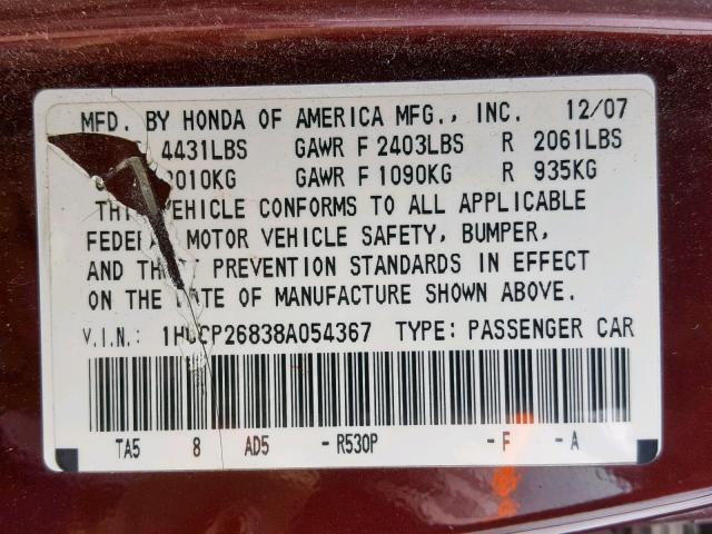 1HGCP26838A054367 - 2008 HONDA ACCORD EXL MAROON photo 10