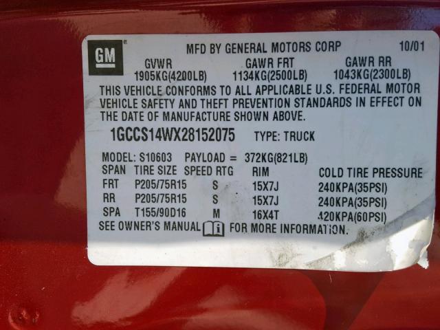 1GCCS14WX28152075 - 2002 CHEVROLET S TRUCK S1 RED photo 10