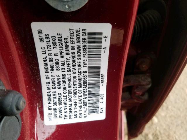 19XFA1F63AE006618 - 2010 HONDA CIVIC LX-S Qırmızı foto 10