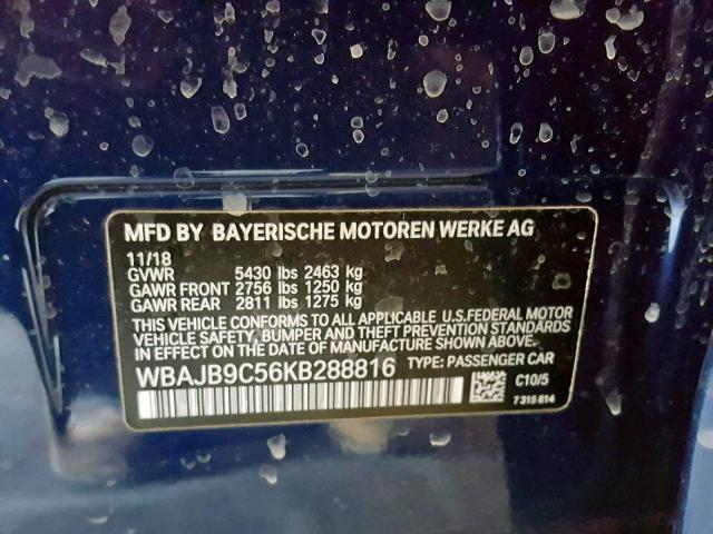 WBAJB9C56KB288816 - 2019 BMW M550XI BLUE photo 10